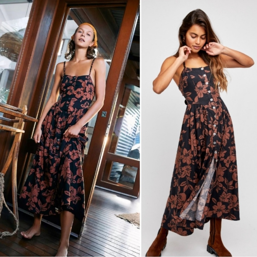 Free People midi button down dress with back tie closure.